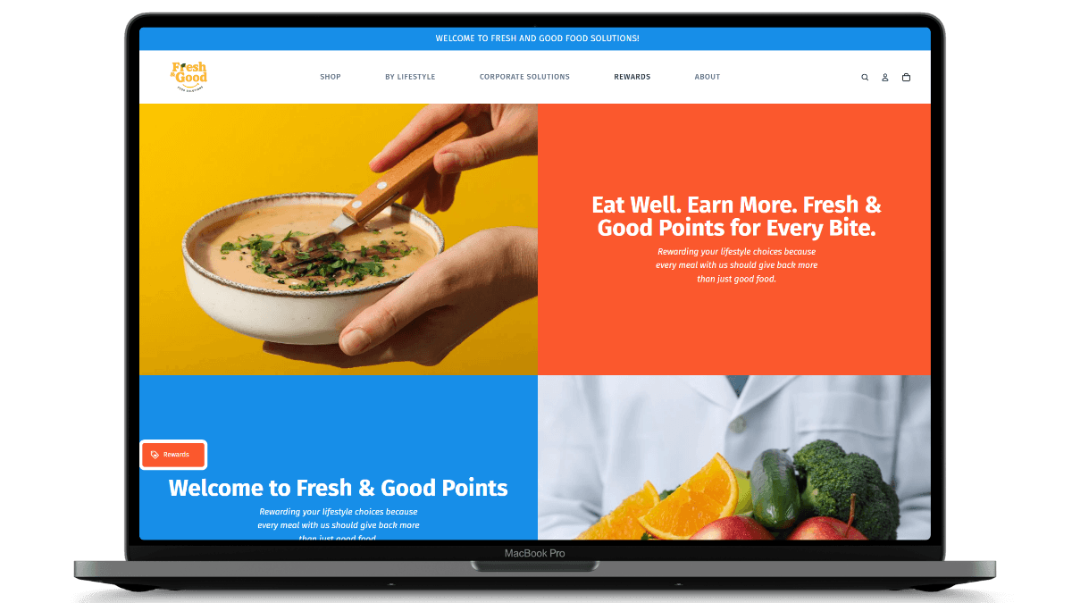 Fresh and Good Food unified Shopify storefront shown on a laptop