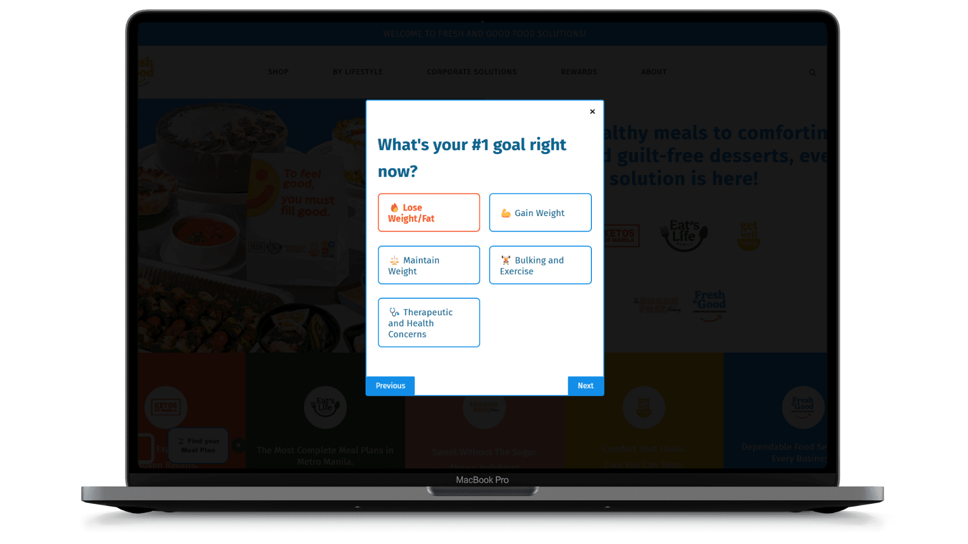 Fresh and Good Food meal-plan finder interface